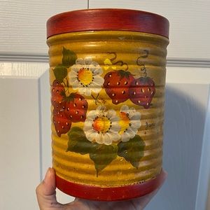 Vintage Handpainted Strawberries & Flowers Flour Tin